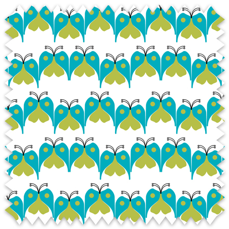 The artwork consists of a repetitive pattern of stylized butterflies arranged in rows. Each butterfly is composed of abstract shapes with symmetrical wings, colored turquoise on the upper part and olive green at the bottom. The body is complemented by two small circular orange spots on each wing and simple black antennae extending upward. The butterflies are evenly spaced with white space in between, creating a clean and orderly geometric design. The overall composition yields a vibrant and playful visual rhythm.